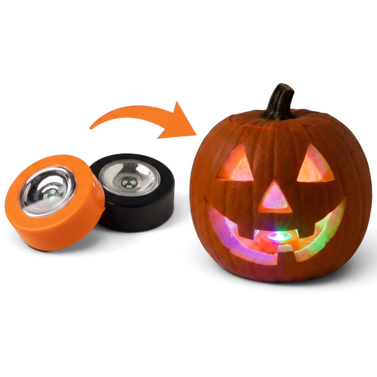 Set of two orange and black Jack-O-Lantern color changing LED lights with automatic timer