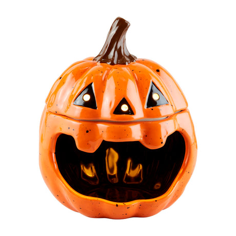 Hand-painted ceramic jack-o’-lantern candy container with LED lights and motion-activated sounds