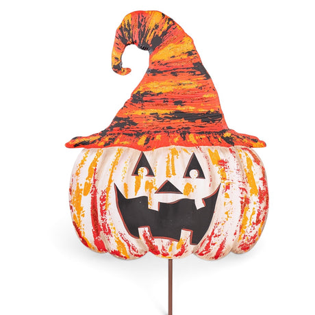 Orange jack-o-lantern Halloween decoration with raggedy witch hat and stake, hanging, and easel display options