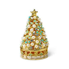 Gold-finish Christmas tree trinket box decorated with cream faux pearls, colorful jewels, and a gold star topper.