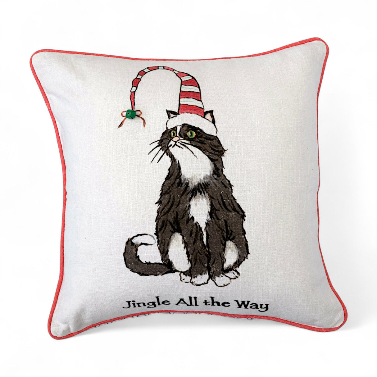 Square cotton pillow with embroidered cat in Santa hat and “Jingle All the Way” text.