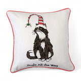 Square cotton pillow with embroidered cat in Santa hat and “Jingle All the Way” text.