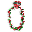 Jingle and Ring Christmas sleigh bell necklace with shiny red, green, and silver bells on clear stretch lacing