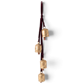 Antique gold jingle bell cluster with wooden knockers and maroon velvet hanging ribbon