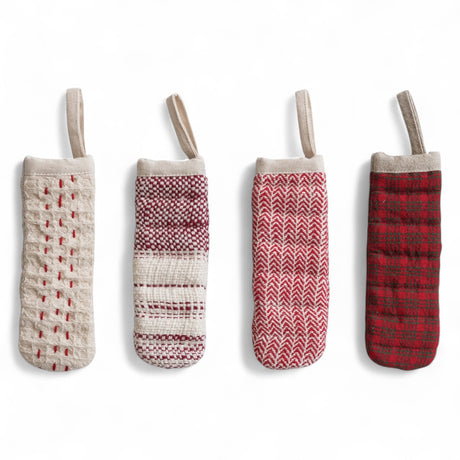 Set of four cotton pot handle covers with Kantha embroidery, assorted red and neutral patterns