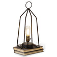 Lantern-style LED light with black iron frame, battery-operated with timer, and included LED bulb.