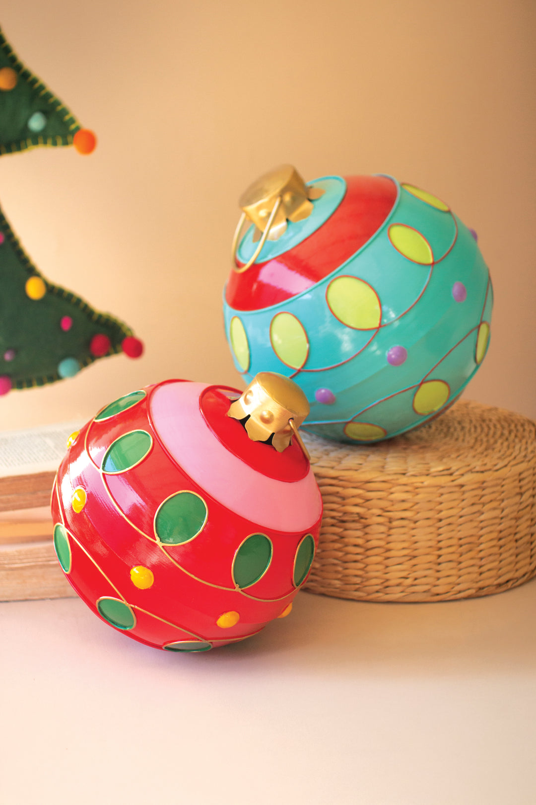 Set of two large colorful painted metal Christmas ball ornaments