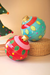 Set of two large colorful painted metal Christmas ball ornaments