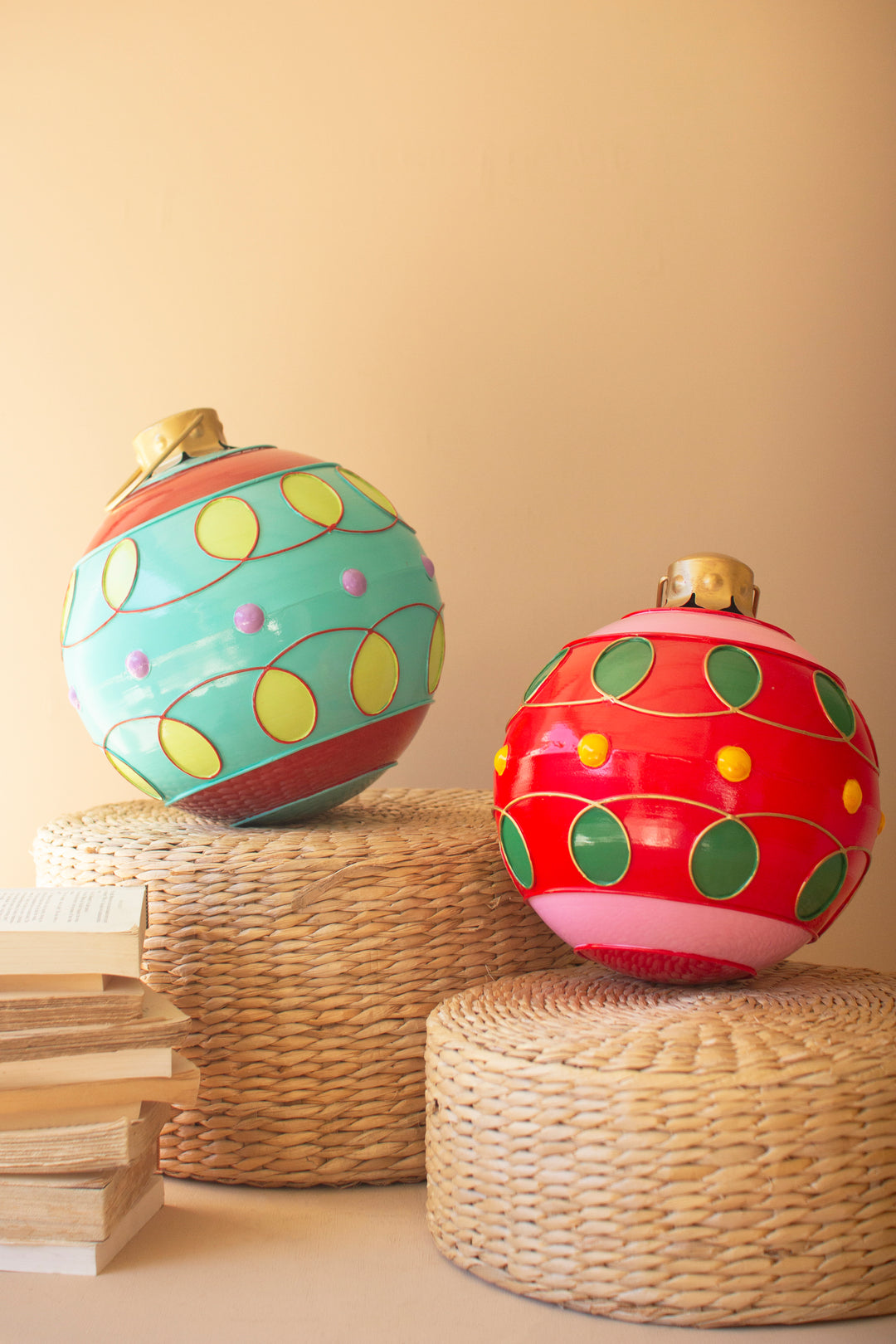 Colorful handmade metal Christmas ornaments for indoor holiday displays