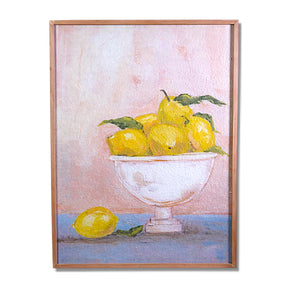 large framed lemon still life wall art with soft pastel tones for kitchen decor