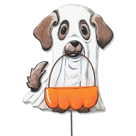 Large metal ghost puppy Halloween decoration with orange 3D trick-or-treat candy basket by The Round Top Collection