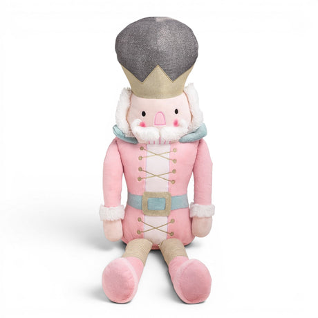 36-inch large pink nutcracker plush with gold crown, faux fur beard, and pastel Christmas uniform
