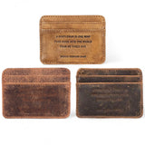 Distressed leather card holder with George Bernard Shaw quote in various colors