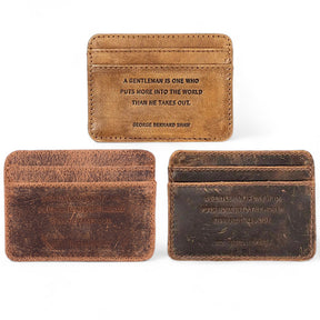 Distressed leather card holder with George Bernard Shaw quote in various colors