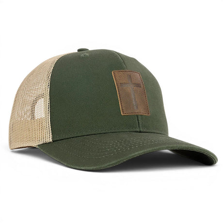 olive tan leather cross trucker hat snapback christian cap for men
