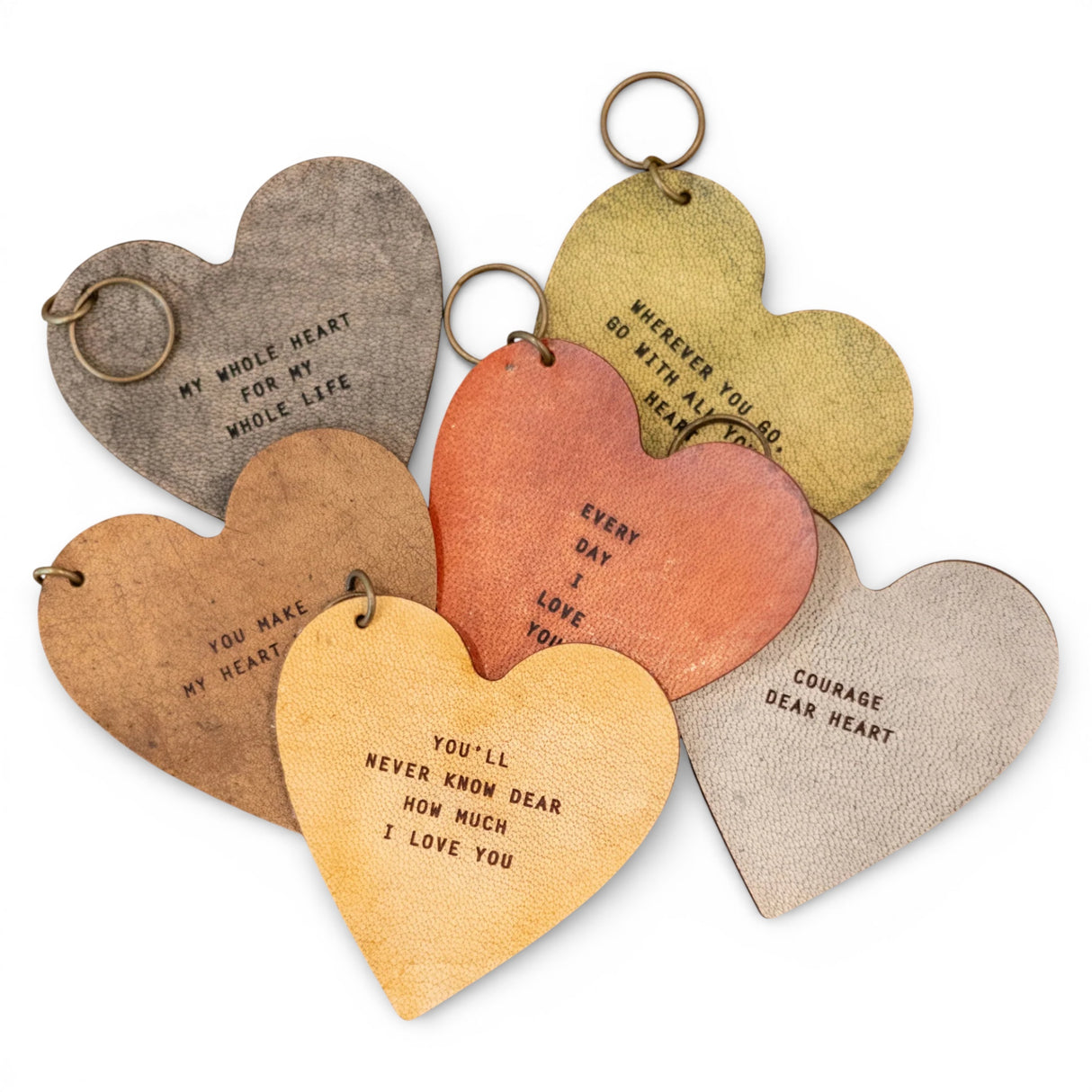 leather heart keychains with stamped inspirational and love quotes by Sugarboo