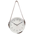 White and brown hanging plastic wall clock with an adjustable leather strap.