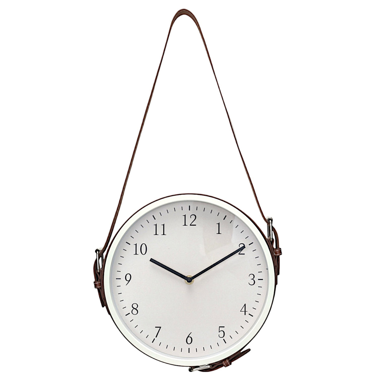 White and brown hanging plastic wall clock with an adjustable leather strap.