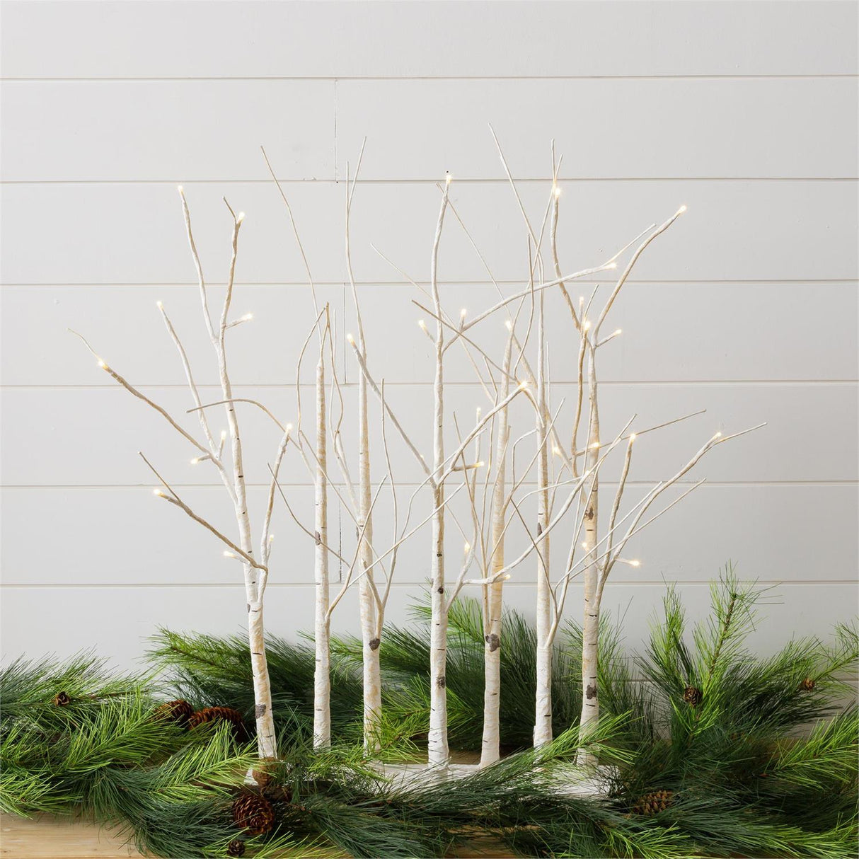 LED birch tree forest tabletop décor with warm lights and white branches, perfect for seasonal or year-round