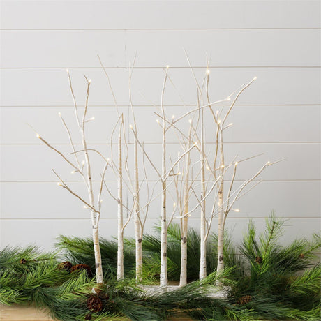 LED birch tree forest tabletop décor with warm lights and white branches, perfect for seasonal or year-round