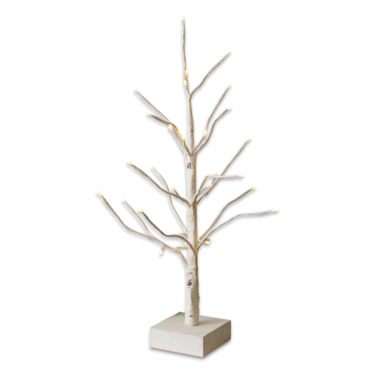 LED lighted birch tree with warm white lights, natural birch finish, and battery-operated timer.