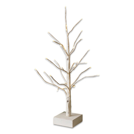 LED lighted birch tree with warm white lights, natural birch finish, and battery-operated timer.