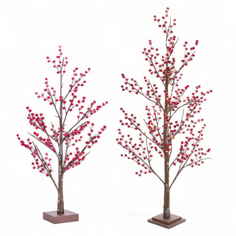 LED red berry tree with glowing lights on branches, shown on tabletop holiday display