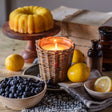Lemon blueberry pound cake candle with bakery fragrance in decorative woven willow candle vessel

