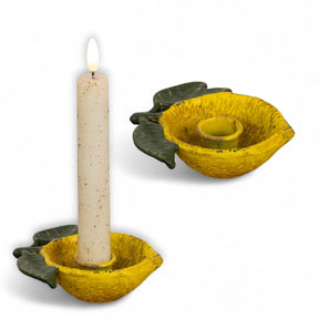 Lemon-shaped ceramic taper candle holder with leaf details, holds 1" taper candle, 4.25 inches wide
