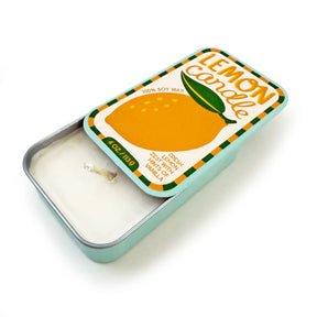 4 oz lemon zest soy candle in reusable sardine tin with fresh lemon and vanilla fragrance