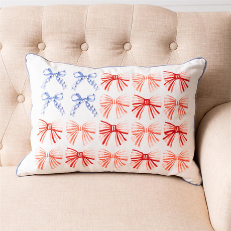 patriotic bow lumbar pillow red blue ribbon accent cushion