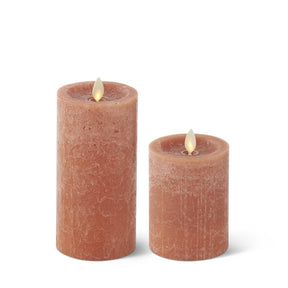 Light brown seaglass wax Luminara flameless pillar candles in two sizes with realistic moving flames and remote control