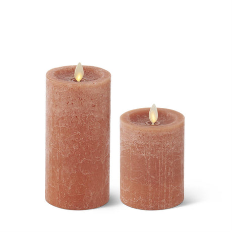 Light brown seaglass wax Luminara flameless pillar candles in two sizes with realistic moving flames and remote control