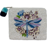 Light Blue Dragonfly Beaded Coin Pouch with Pom-Pom Zipper