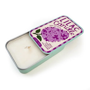 Lilac soy candle in 4 oz sardine-style tin with floral spring scent and two cotton wicks