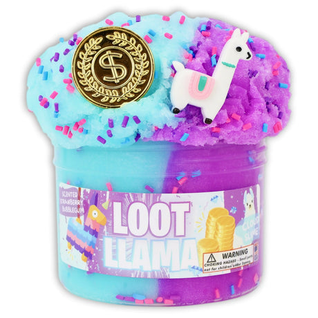 Loot Llama duo-colored teal and purple cloud slime with llama charm and sprinkle toppings