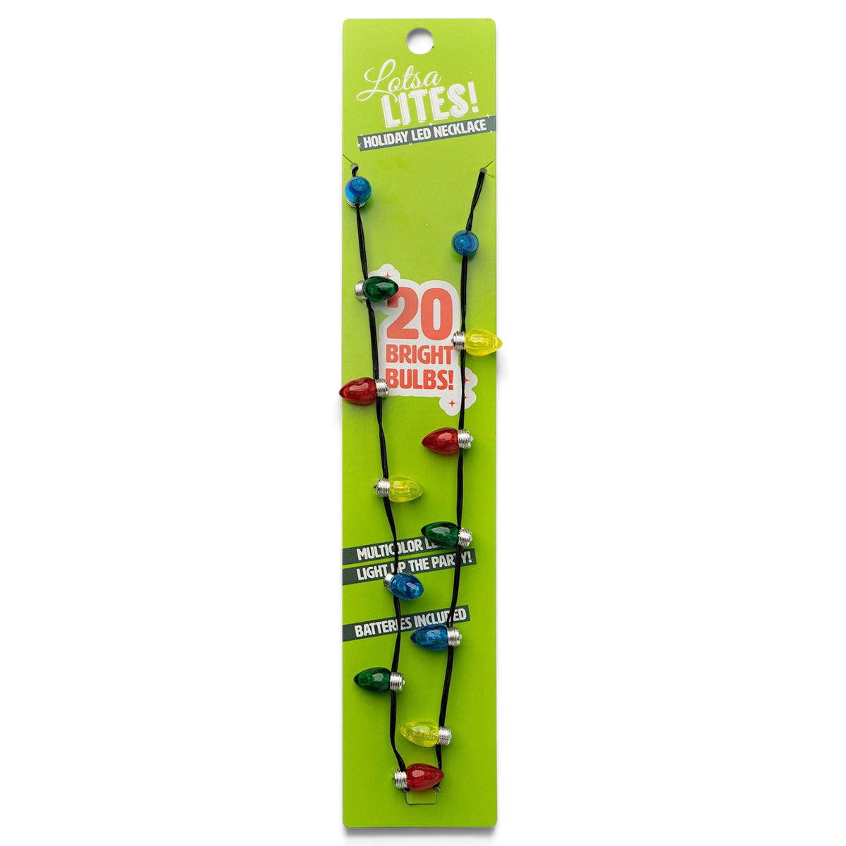  Lotsa LITES holiday LED Christmas necklace with miniature red, green, blue, and yellow light bulbs on a black cord