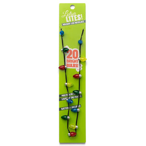  Lotsa LITES holiday LED Christmas necklace with miniature red, green, blue, and yellow light bulbs on a black cord