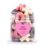 Jar of Love Letters gummy candy with pink, white, and purple letter-shaped gummies in strawberry, pineapple, and grape flavors