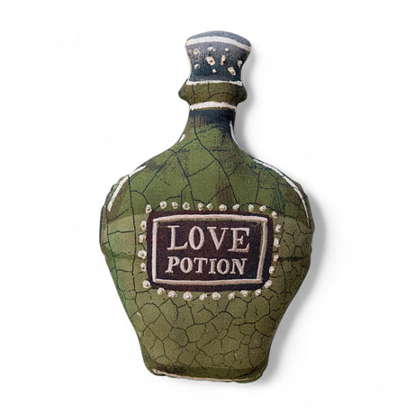 Cotton potion bottle shaped pillow with embroidery and metallic gold French knots, Love Potion design