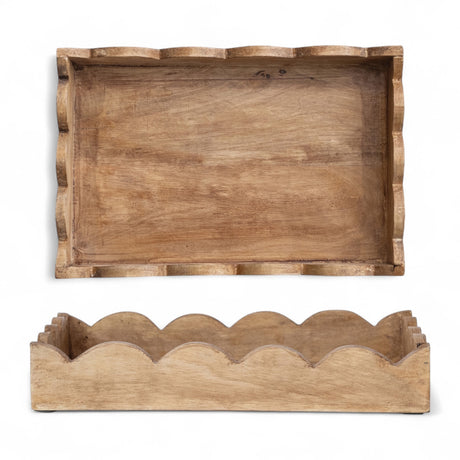 Natural mango wood scalloped tray with carved edges, 12 x 7.75 inches.