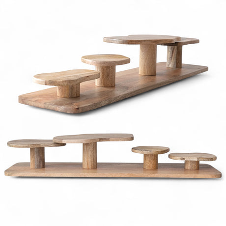 36-inch mango wood serving board with four pedestal risers for charcuterie and display
