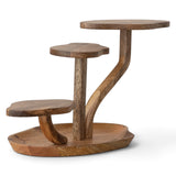 Natural mango wood serving board with three organic shaped platforms at staggered heights above a shallow tray base.