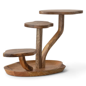 Natural mango wood serving board with three organic shaped platforms at staggered heights above a shallow tray base.