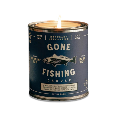 Gone Fishing soy candle with dark musk vetiver fig scent from Manready Mercantile Americana Series
