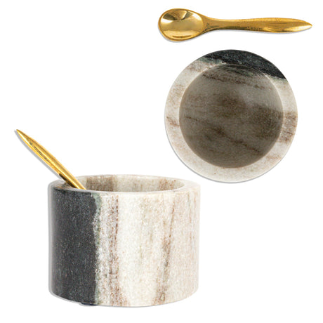 Marble salt cellar with brass spoon, 2.75 inch round kitchen salt container