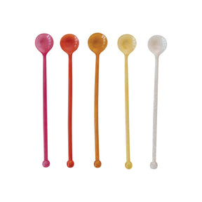 Marbled resin cocktail spoons in five vibrant colors, ideal for mixing drinks or stirring beverages.