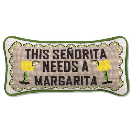 Funny margarita needlepoint lumbar pillow with “This Señorita Needs a Margarita” quote