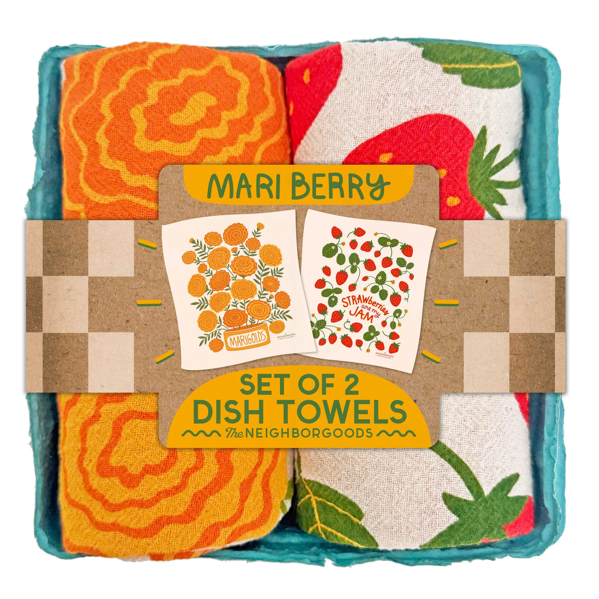 Marigold and strawberry cotton dish towel set in biodegradable gift container