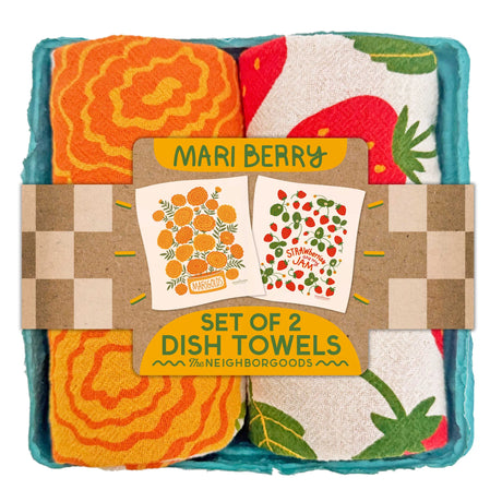 Marigold and strawberry cotton dish towel set in biodegradable gift container